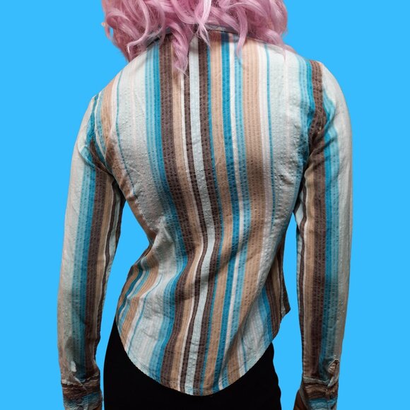 Vintage 90s Y2K Fitted Striped Button Up Shirt Size M Embroidered Blue Brown - Picture 5 of 7